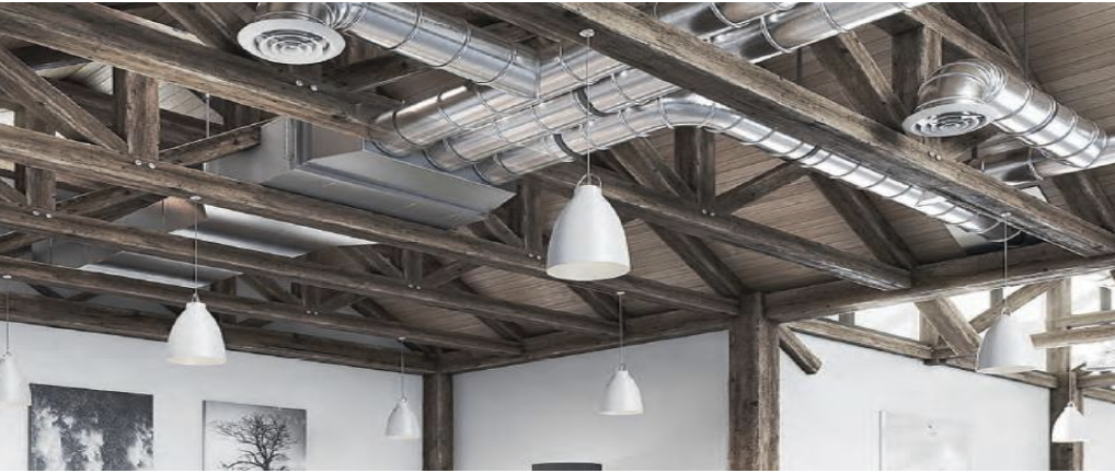 Exposed ductwork and a ceiling-mounted ducted air conditioning system
