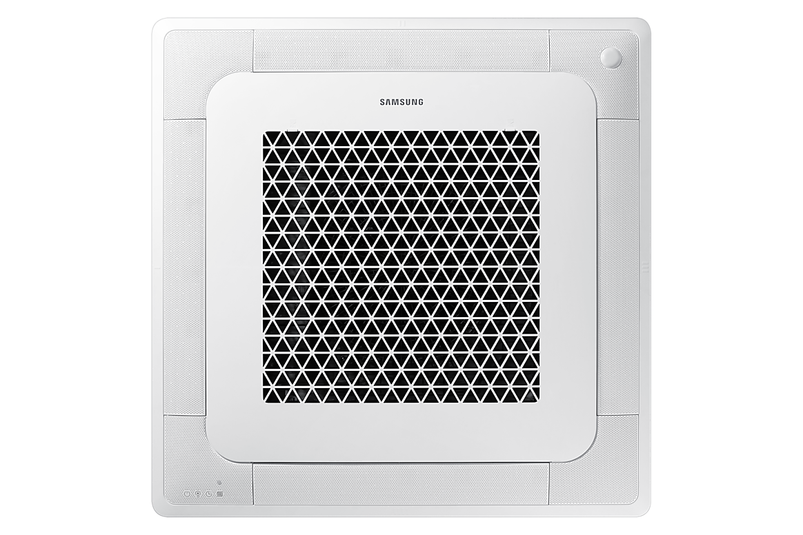 Front view of a white Samsung WindFree 4-Way Cassette ceiling air-conditioning unit